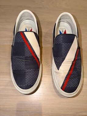 Louis Vuitton Navy Slip-On Sneakers with Red and White/Cream Diagonal Stripes